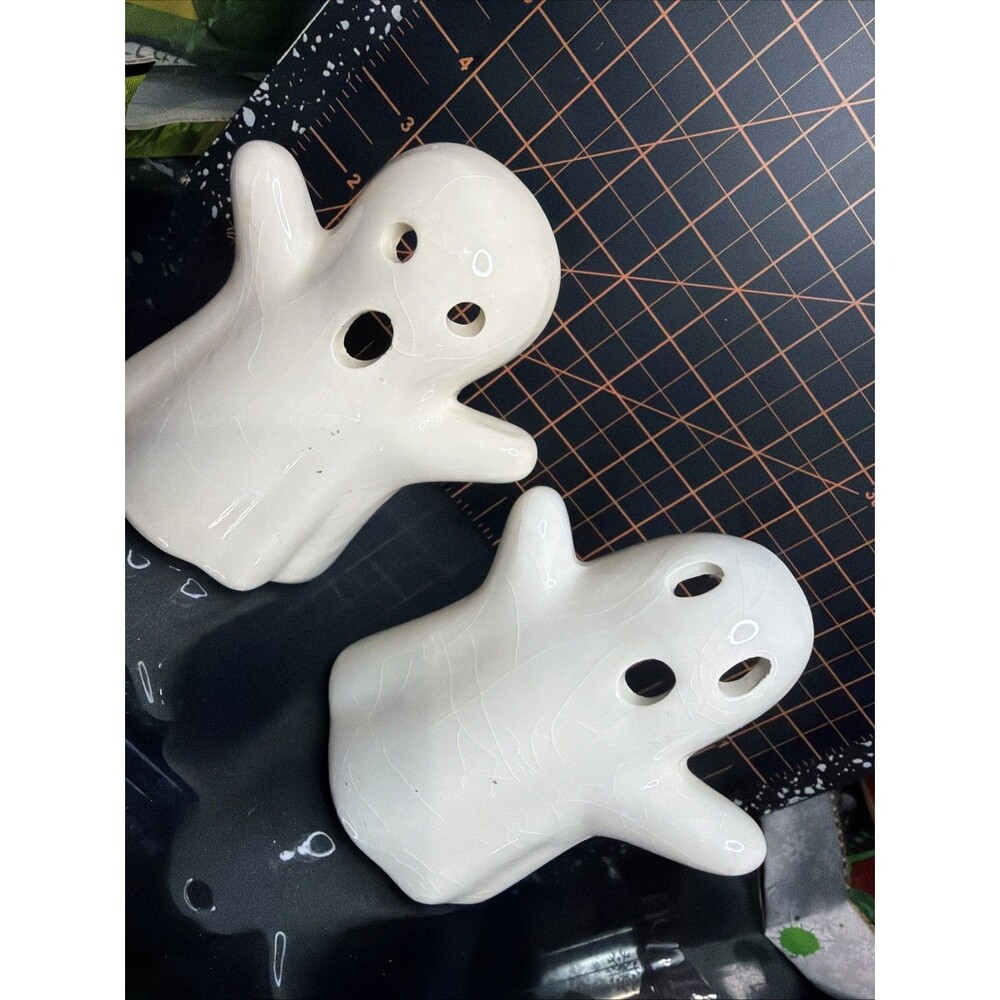Ceramic Ghost Candle Holders Set 2 White Halloween Tea Light Decor Glaze Crazing